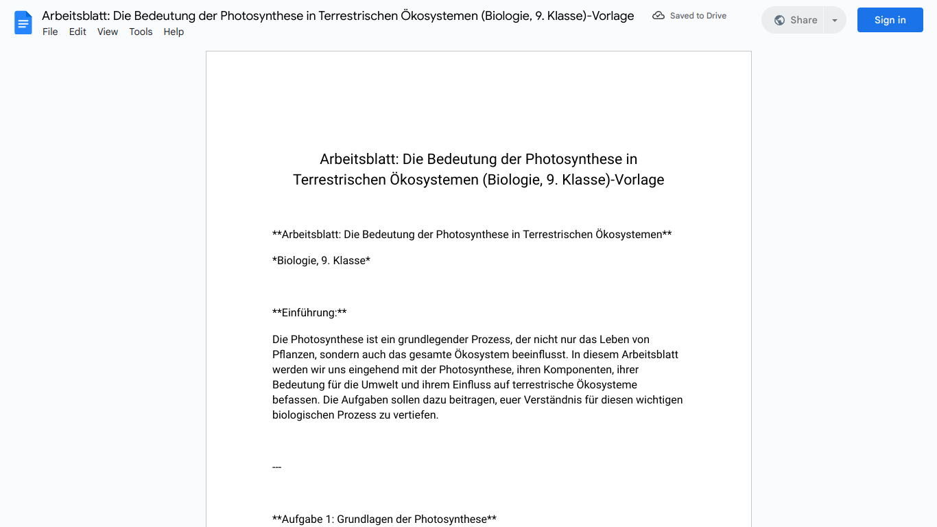 Arbeitsblatt: Die Bedeutung der Photosynthese in Terrestrischen Ökosystemen (Biologie, 9. Klasse)-Vorlage