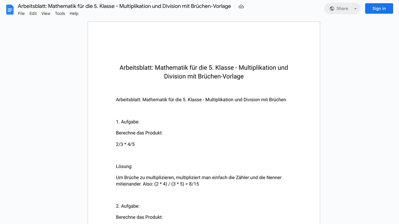 Arbeitsblatt: Mathematik für die 5. Klasse - Multiplikation und Division mit Brüchen-Vorlage