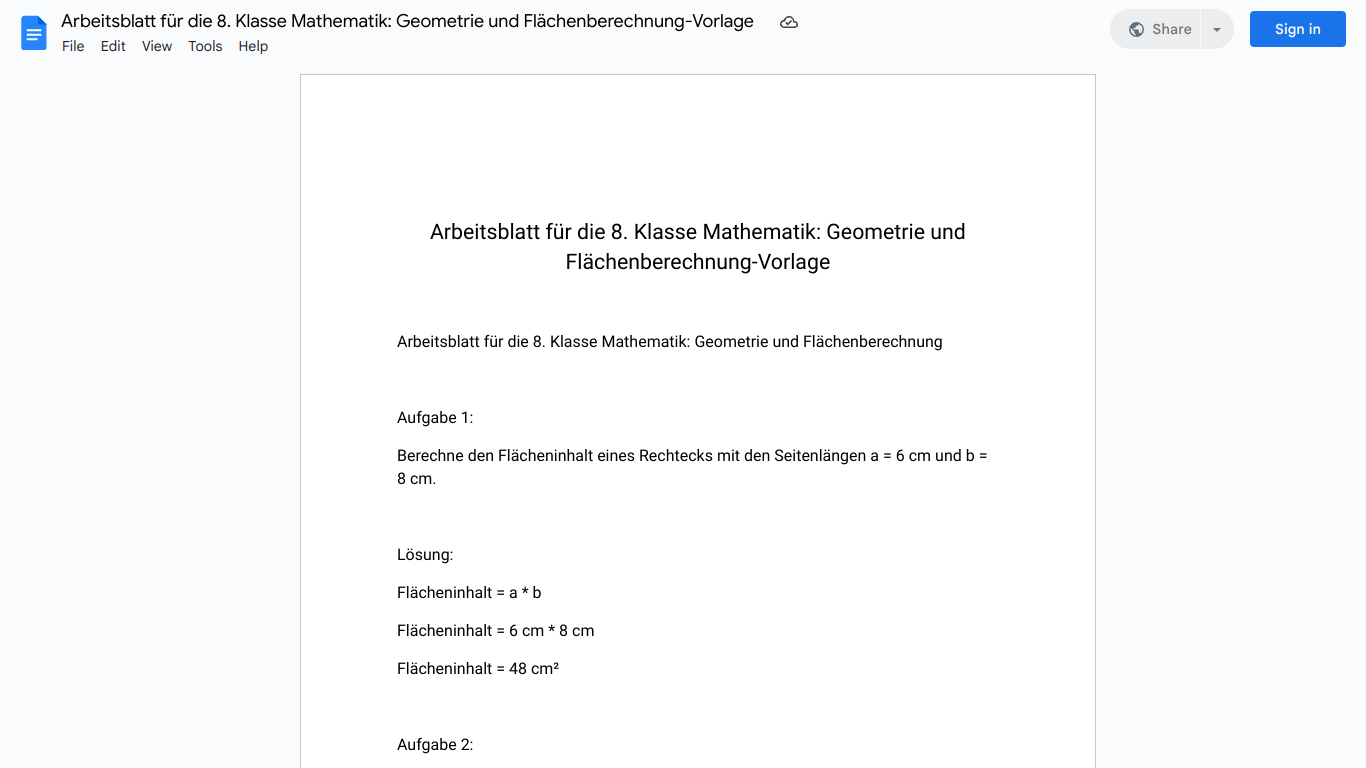 Arbeitsblatt für die 8. Klasse Mathematik: Geometrie und Flächenberechnung-Vorlage