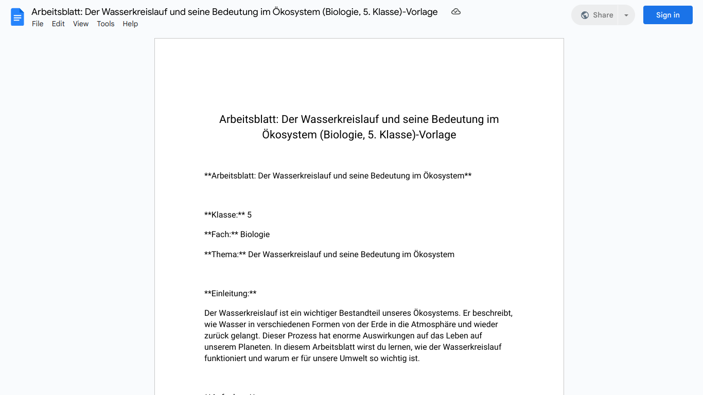 Arbeitsblatt: Der Wasserkreislauf und seine Bedeutung im Ökosystem (Biologie, 5. Klasse)-Vorlage