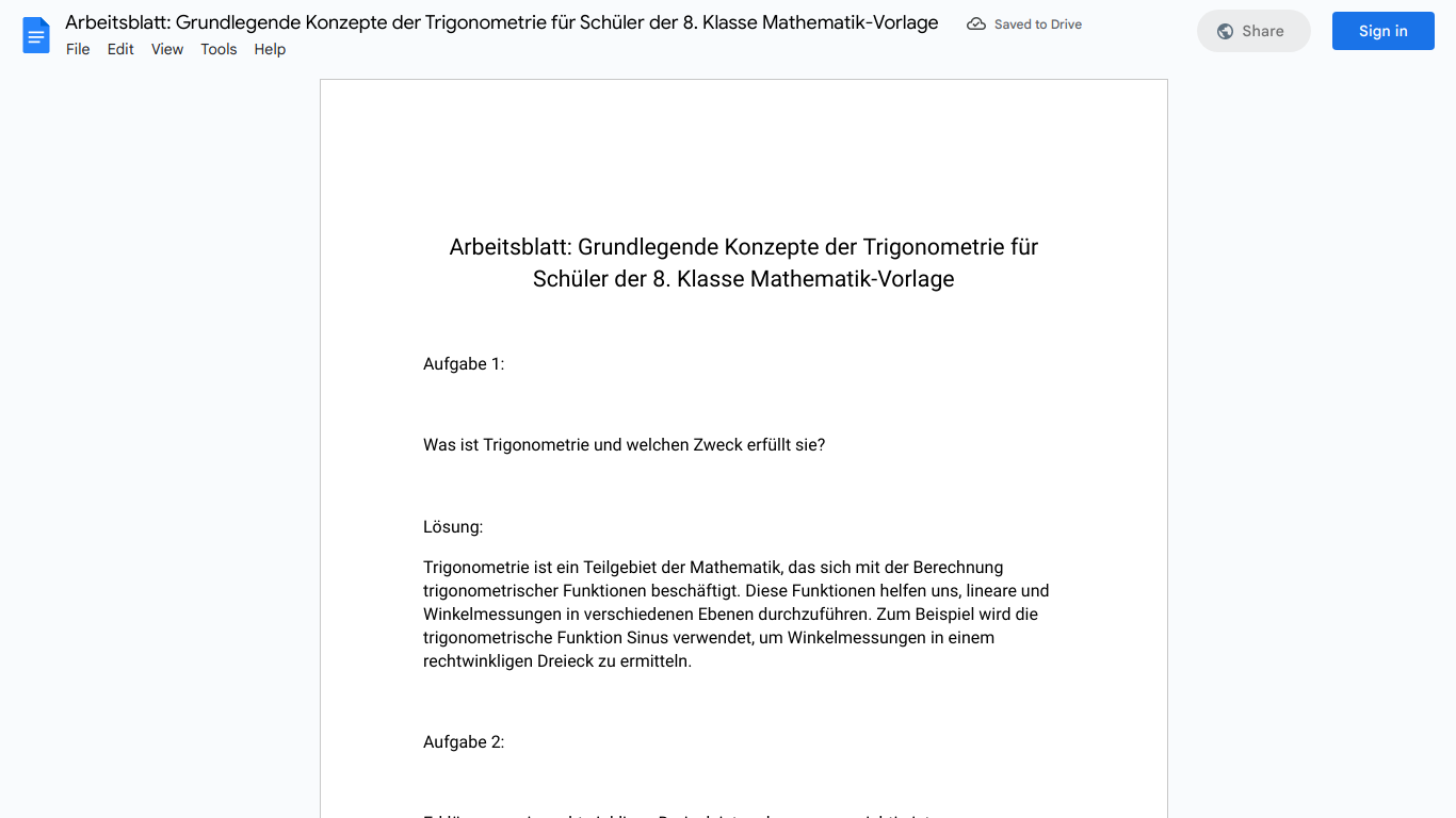 Arbeitsblatt: Grundlegende Konzepte der Trigonometrie für Schüler der 8. Klasse Mathematik-Vorlage