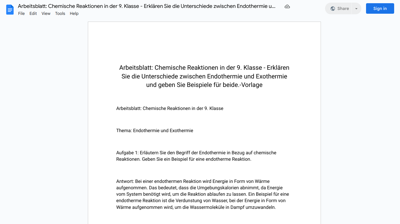 Arbeitsblatt: Chemische Reaktionen in der 9. Klasse - Erklären Sie die Unterschiede zwischen Endothermie und Exothermie und geben Sie Beispiele für beide.-Vorlage