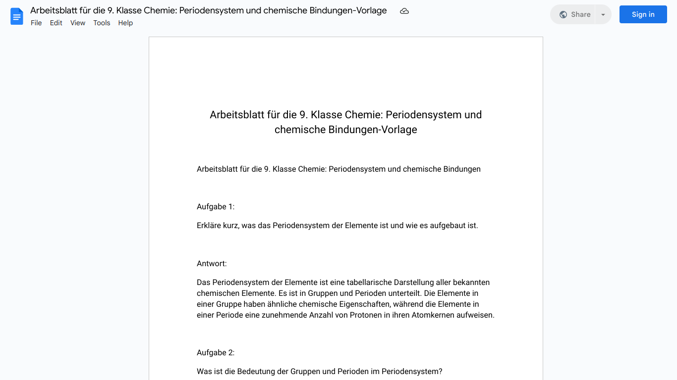 Arbeitsblatt für die 9. Klasse Chemie: Periodensystem und chemische Bindungen-Vorlage