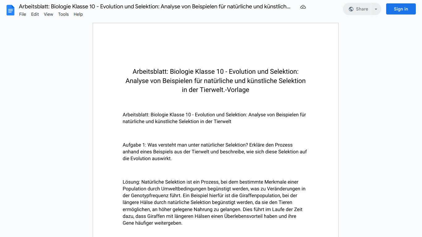 Arbeitsblatt: Biologie Klasse 10 - Evolution und Selektion: Analyse von Beispielen für natürliche und künstliche Selektion in der Tierwelt.-Vorlage