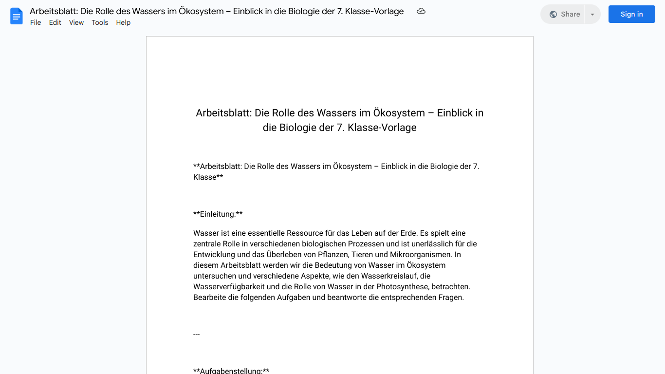 Arbeitsblatt: Die Rolle des Wassers im Ökosystem – Einblick in die Biologie der 7. Klasse-Vorlage