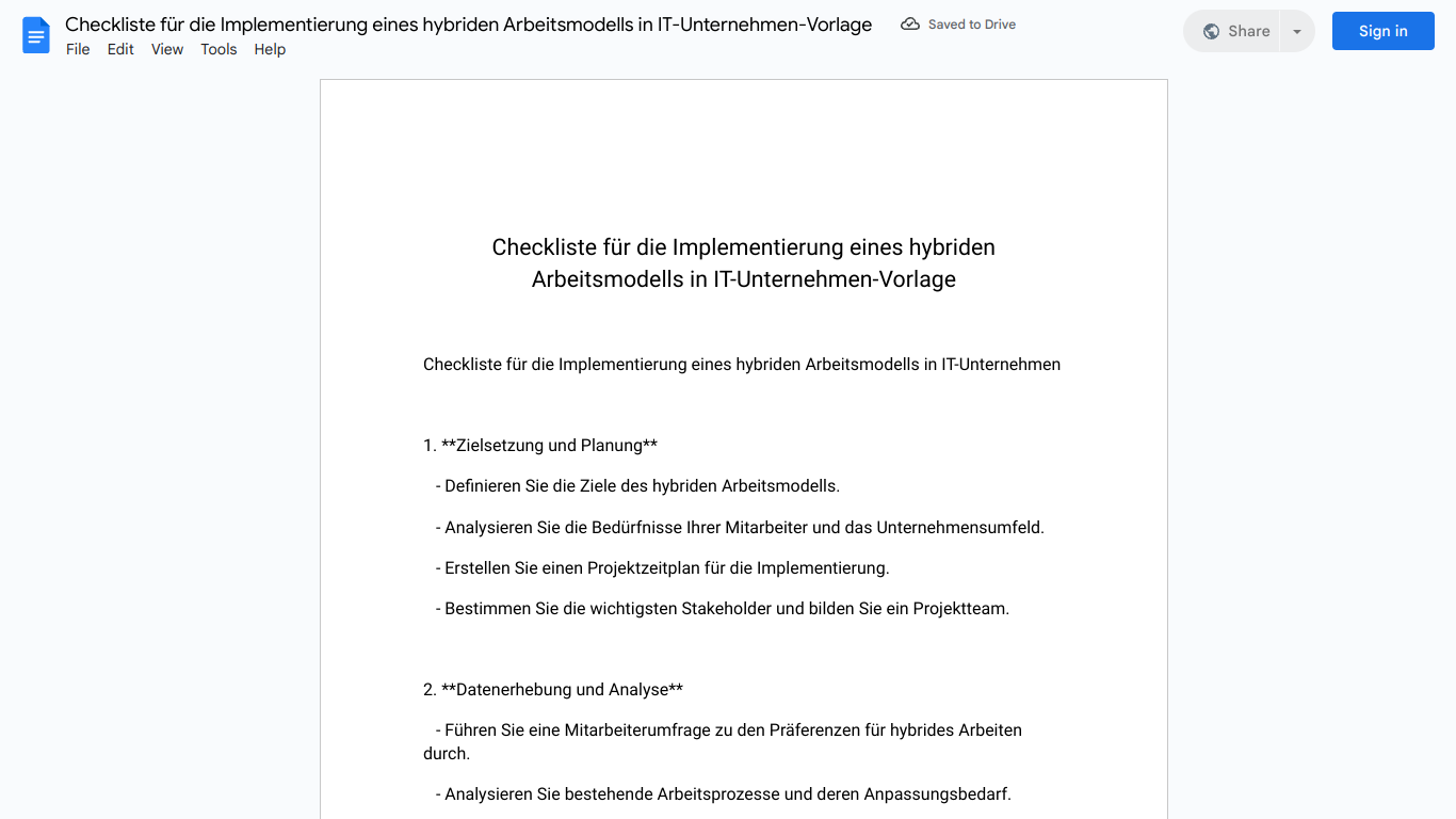 Checkliste für die Implementierung eines hybriden Arbeitsmodells in IT-Unternehmen-Vorlage