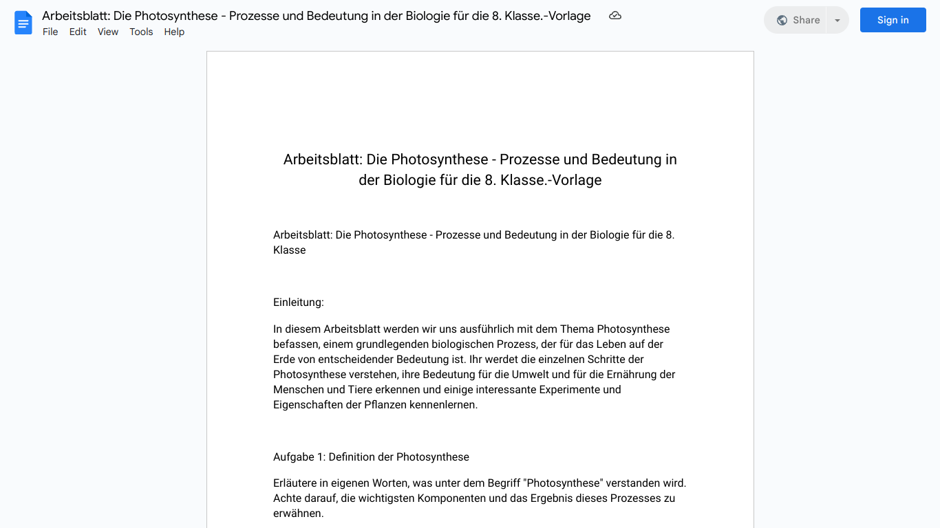 Arbeitsblatt: Die Photosynthese - Prozesse und Bedeutung in der Biologie für die 8. Klasse.-Vorlage