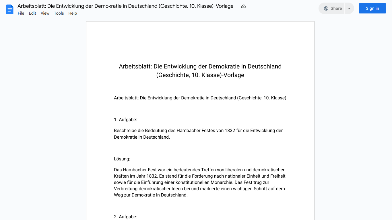 Arbeitsblatt: Die Entwicklung der Demokratie in Deutschland (Geschichte, 10. Klasse)-Vorlage