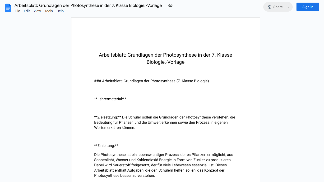 Arbeitsblatt: Grundlagen der Photosynthese in der 7. Klasse Biologie.-Vorlage