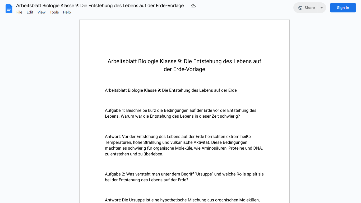 Arbeitsblatt Biologie Klasse 9: Die Entstehung des Lebens auf der Erde-Vorlage