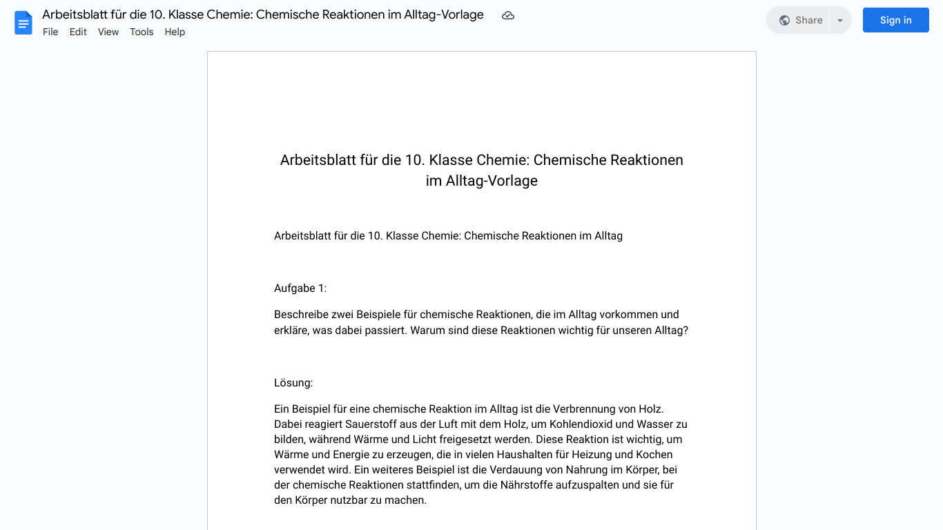 Arbeitsblatt für die 10. Klasse Chemie: Chemische Reaktionen im Alltag-Vorlage