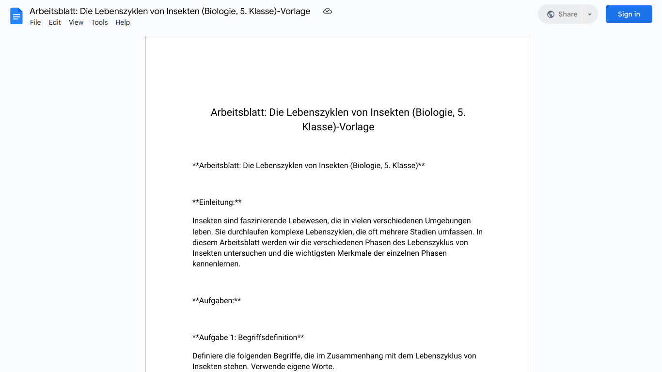 Arbeitsblatt: Die Lebenszyklen von Insekten (Biologie, 5. Klasse)-Vorlage