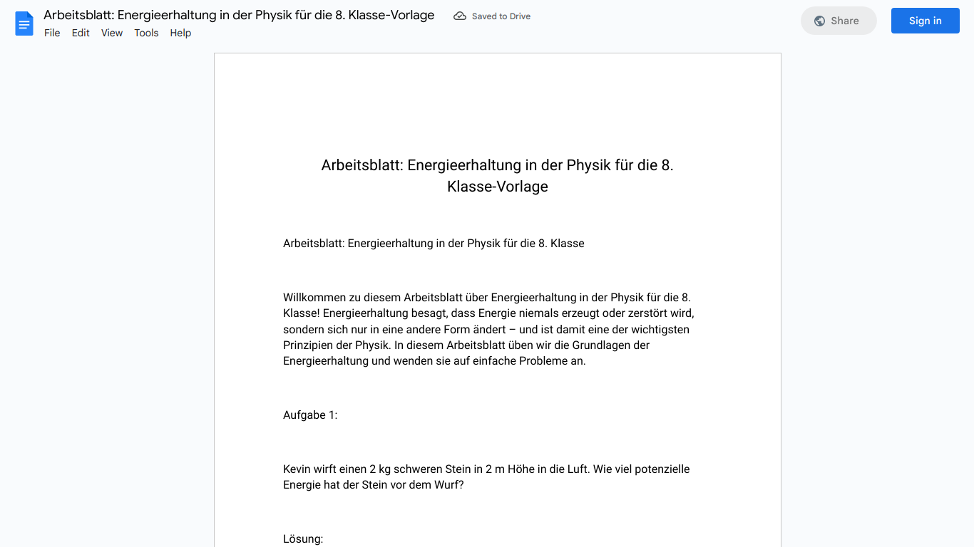 Arbeitsblatt: Energieerhaltung in der Physik für die 8. Klasse-Vorlage