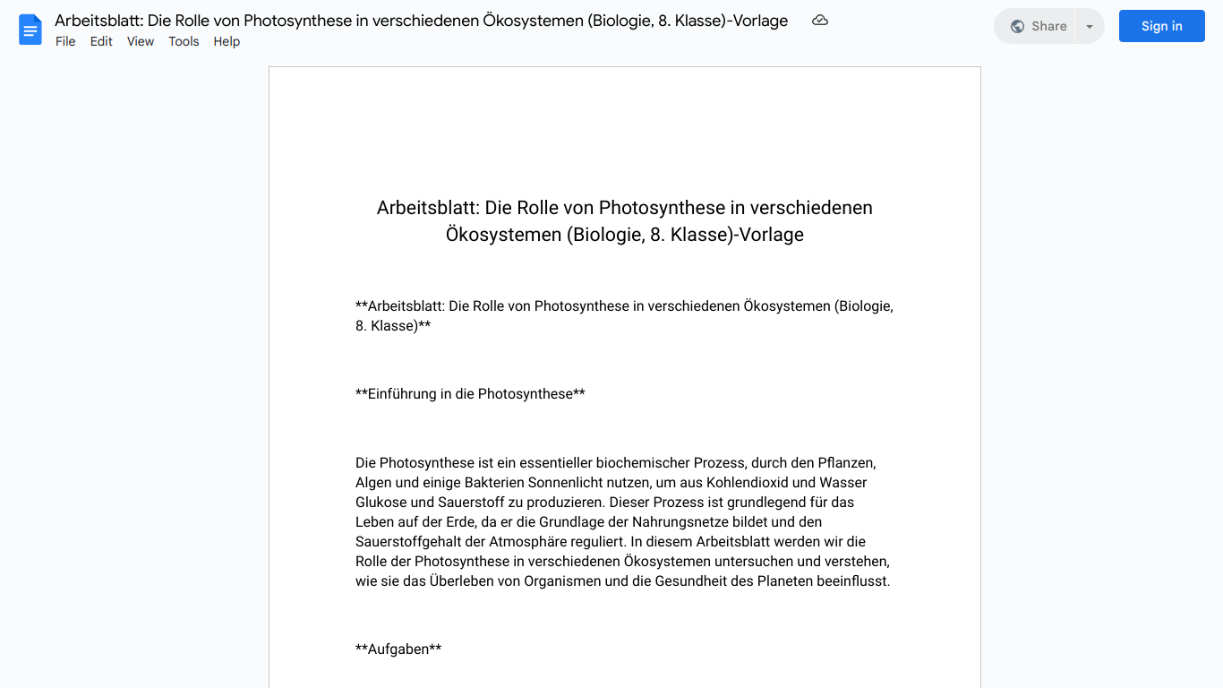 Arbeitsblatt: Die Rolle von Photosynthese in verschiedenen Ökosystemen (Biologie, 8. Klasse)-Vorlage