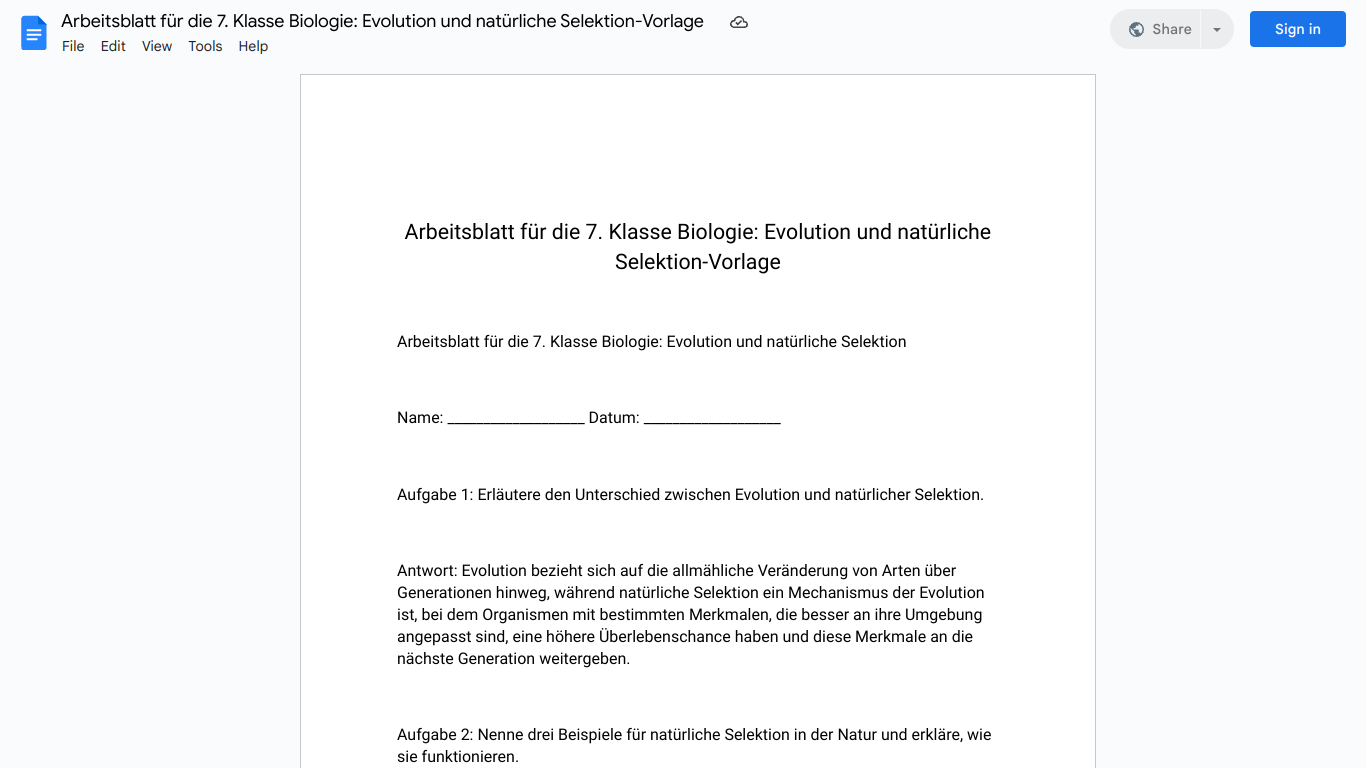 Arbeitsblatt für die 7. Klasse Biologie: Evolution und natürliche Selektion-Vorlage