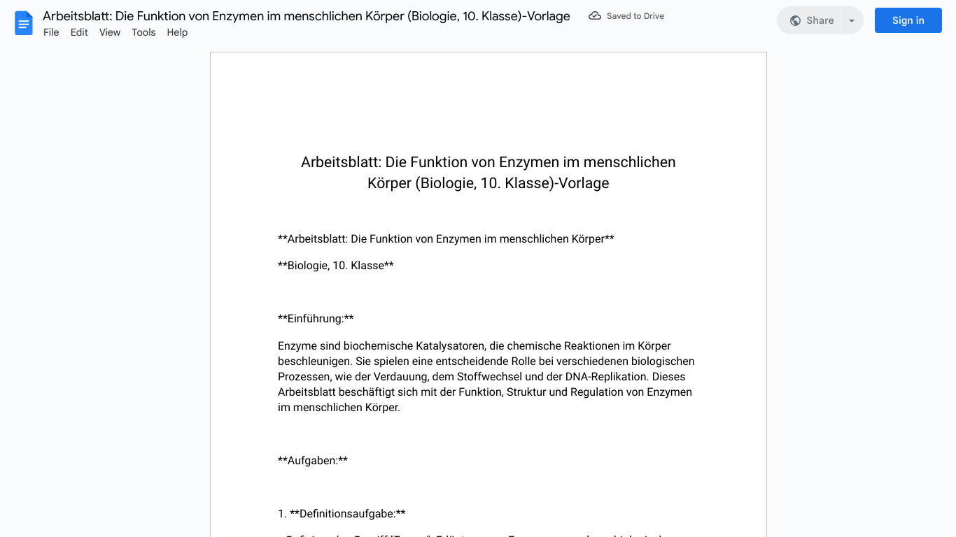 Arbeitsblatt: Die Funktion von Enzymen im menschlichen Körper (Biologie, 10. Klasse)-Vorlage