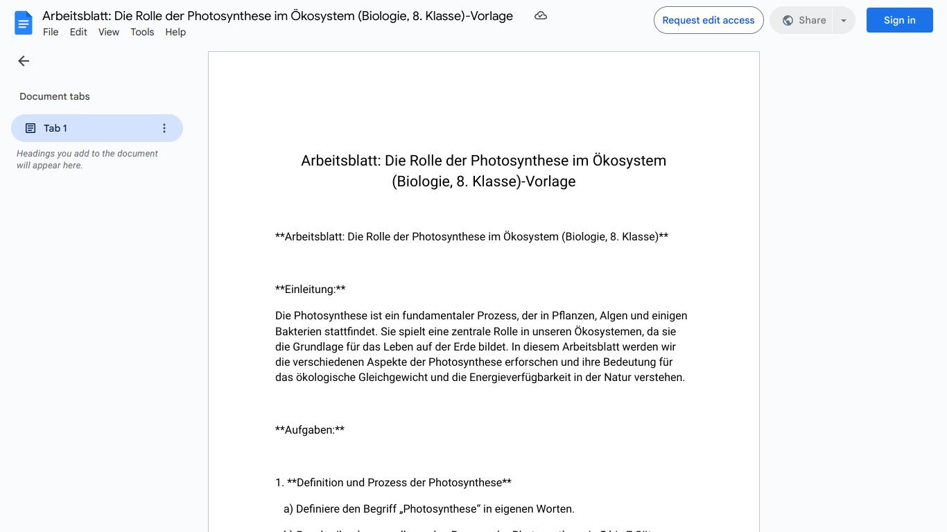 Arbeitsblatt: Die Rolle der Photosynthese im Ökosystem (Biologie, 8. Klasse)-Vorlage