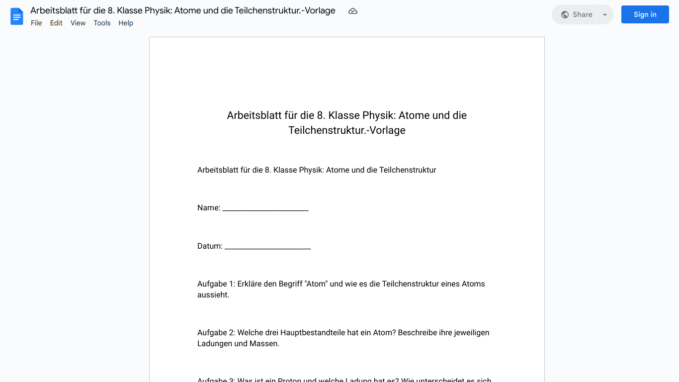 Arbeitsblatt für die 8. Klasse Physik: Atome und die Teilchenstruktur.-Vorlage