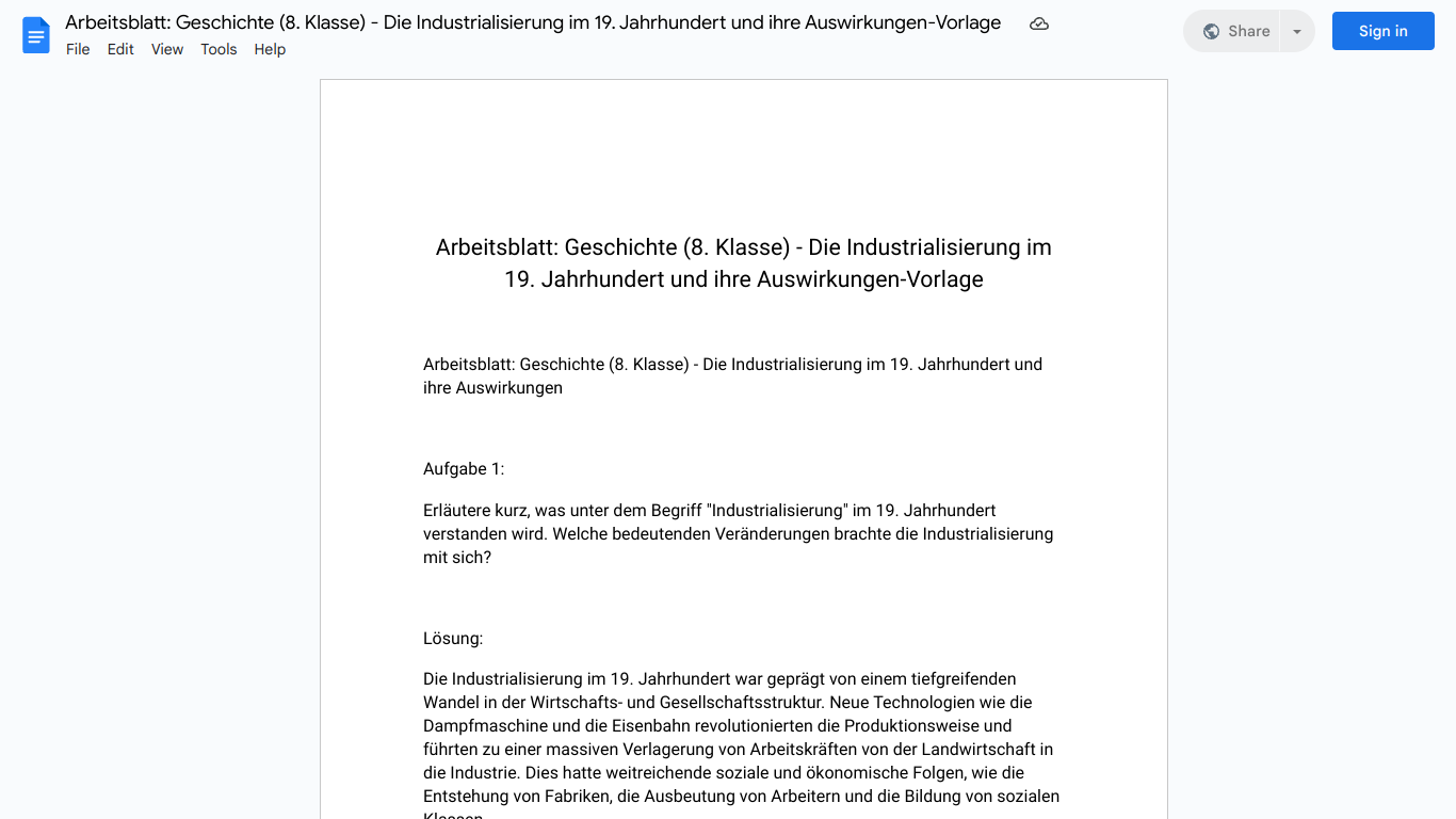 Arbeitsblatt: Geschichte (8. Klasse) - Die Industrialisierung im 19. Jahrhundert und ihre Auswirkungen-Vorlage