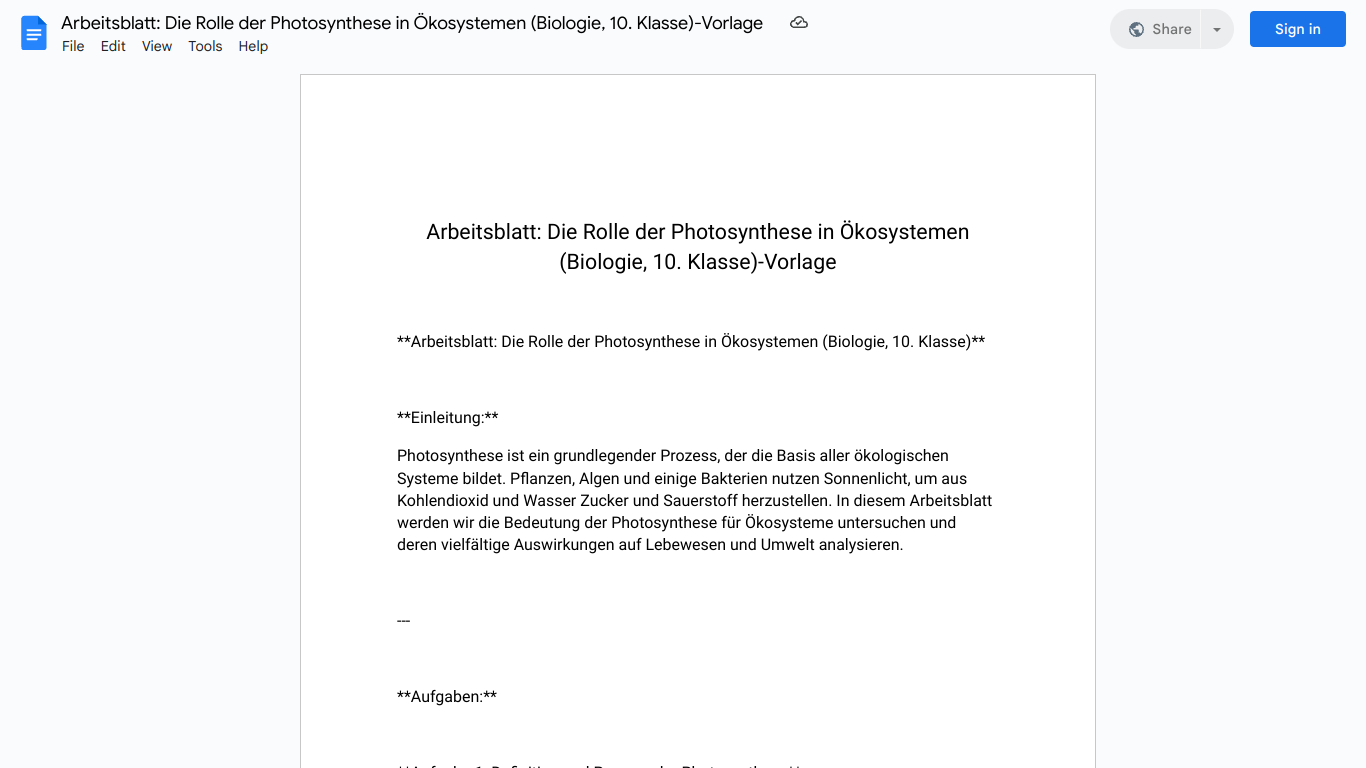 Arbeitsblatt: Die Rolle der Photosynthese in Ökosystemen (Biologie, 10. Klasse)-Vorlage