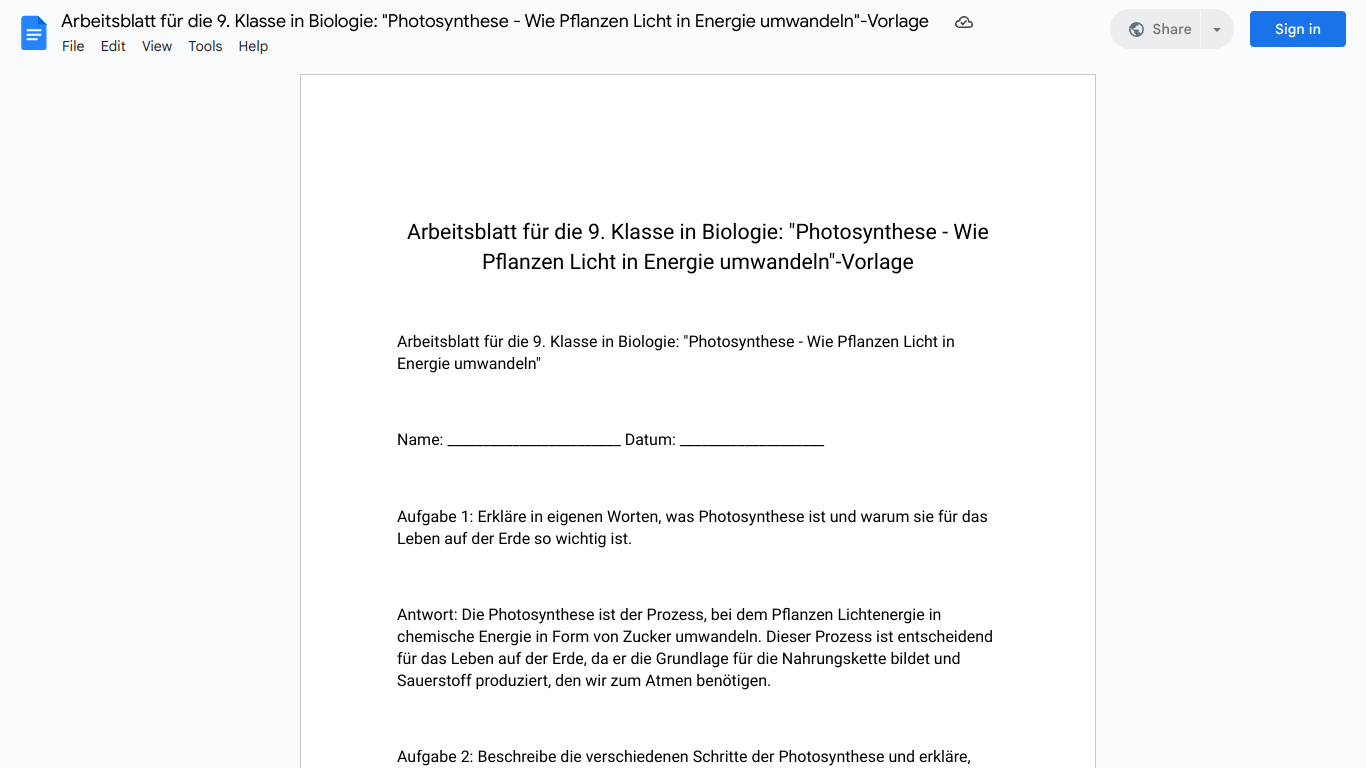 Arbeitsblatt für die 9. Klasse in Biologie: "Photosynthese - Wie Pflanzen Licht in Energie umwandeln"-Vorlage