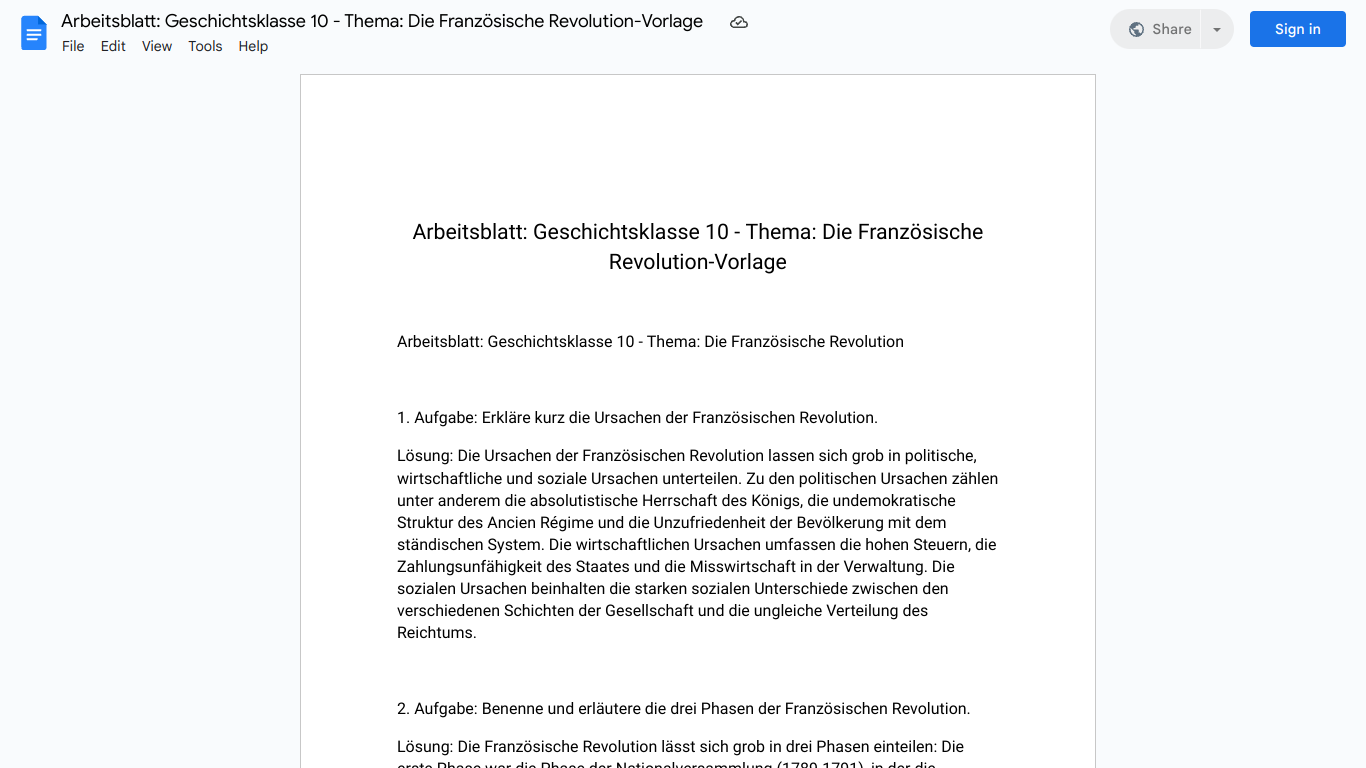 Arbeitsblatt: Geschichtsklasse 10 - Thema: Die Französische Revolution-Vorlage