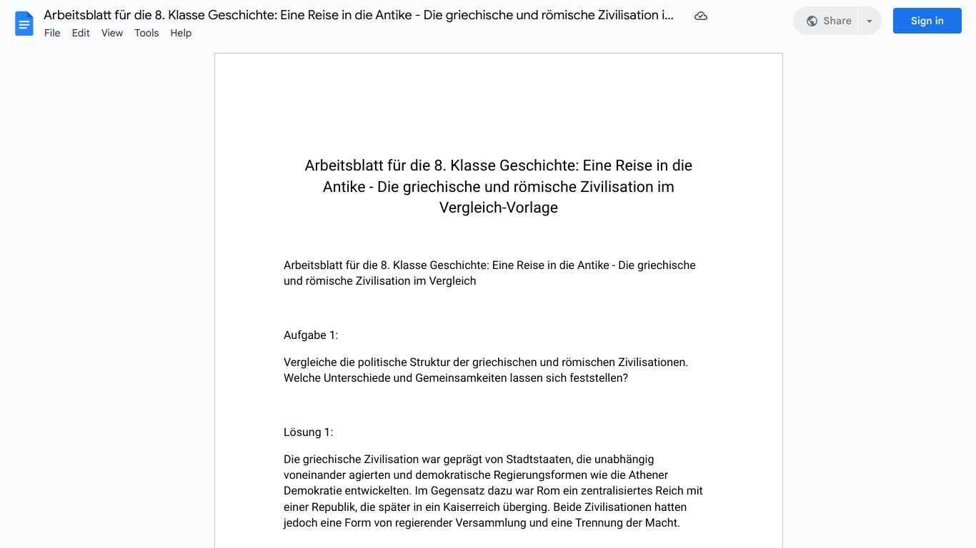 Arbeitsblatt für die 8. Klasse Geschichte: Eine Reise in die Antike - Die griechische und römische Zivilisation im Vergleich-Vorlage