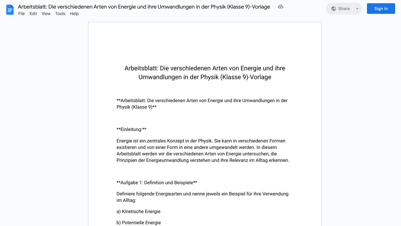 Arbeitsblatt: Die verschiedenen Arten von Energie und ihre Umwandlungen in der Physik (Klasse 9)-Vorlage