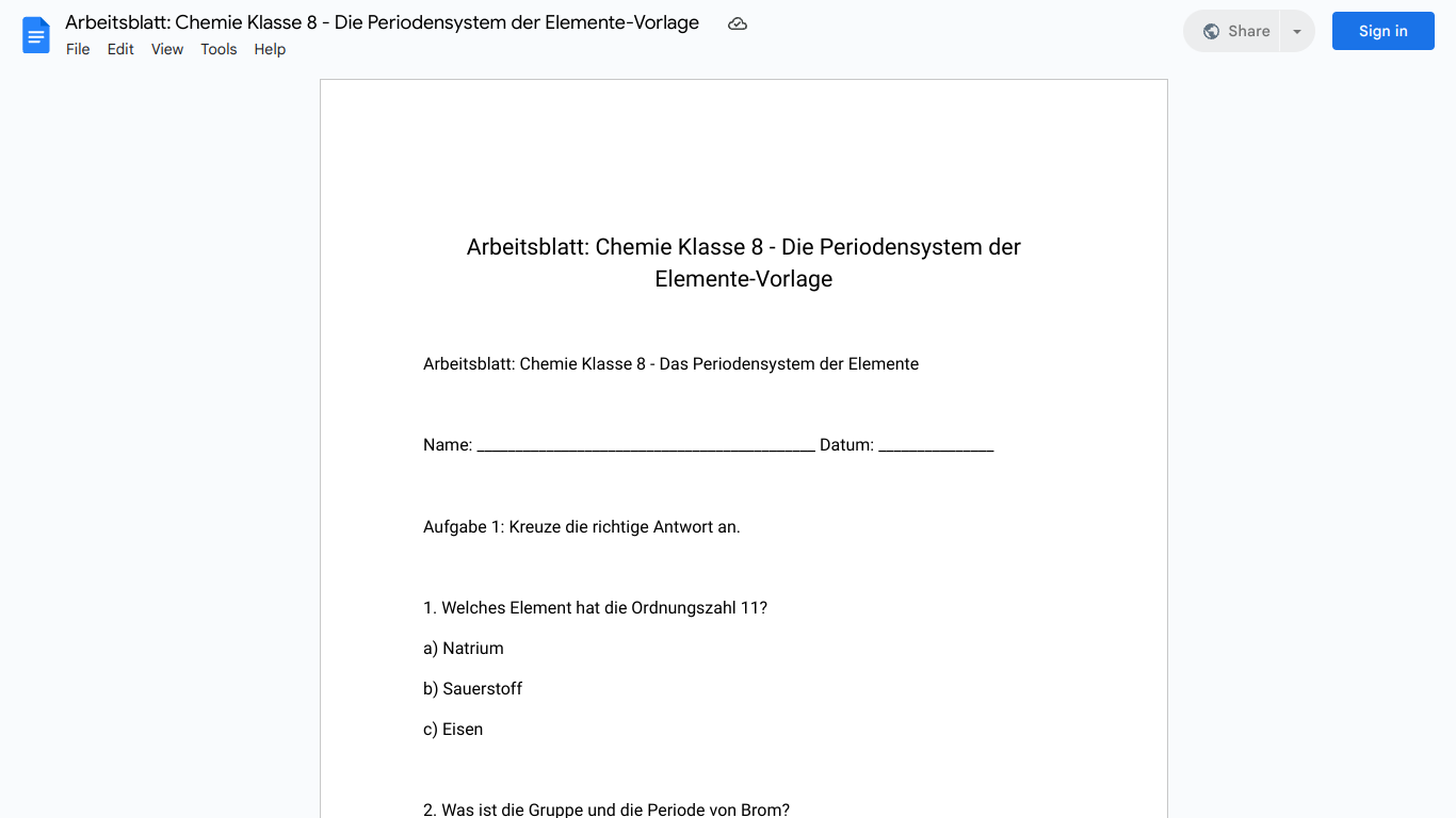 Arbeitsblatt: Chemie Klasse 8 - Die Periodensystem der Elemente-Vorlage