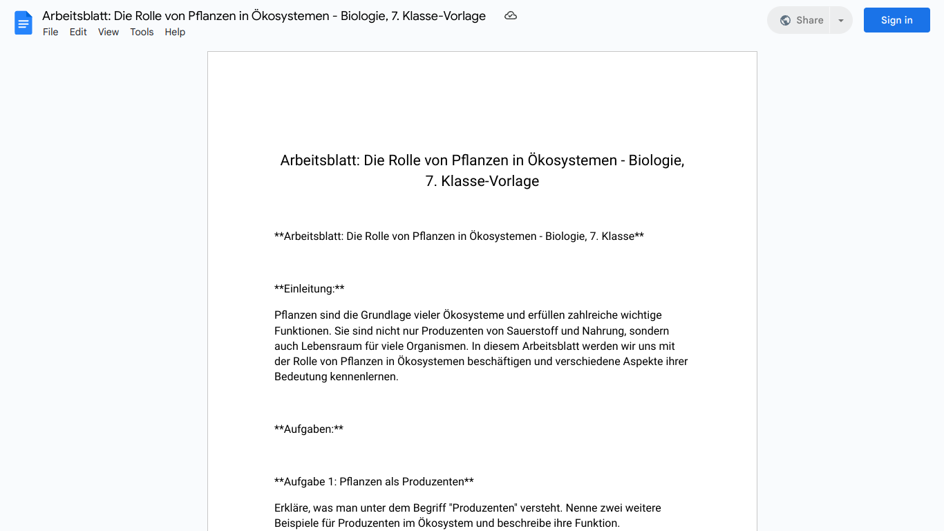 Arbeitsblatt: Die Rolle von Pflanzen in Ökosystemen - Biologie, 7. Klasse-Vorlage