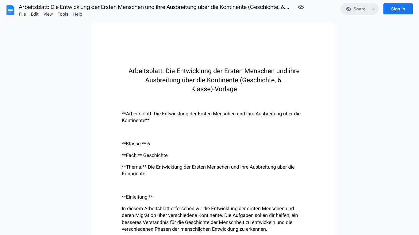 Arbeitsblatt: Die Entwicklung der Ersten Menschen und ihre Ausbreitung über die Kontinente (Geschichte, 6. Klasse)-Vorlage