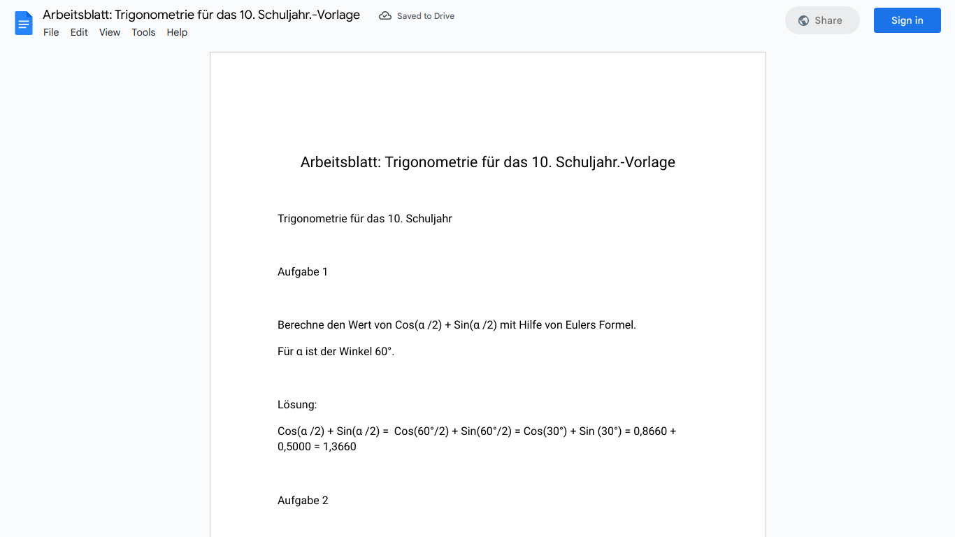 Arbeitsblatt: Trigonometrie für das 10. Schuljahr.-Vorlage