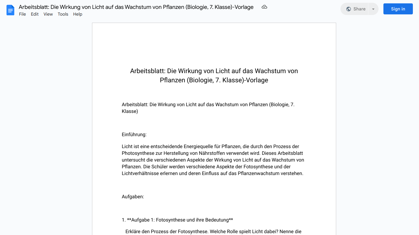 Arbeitsblatt: Die Wirkung von Licht auf das Wachstum von Pflanzen (Biologie, 7. Klasse)-Vorlage