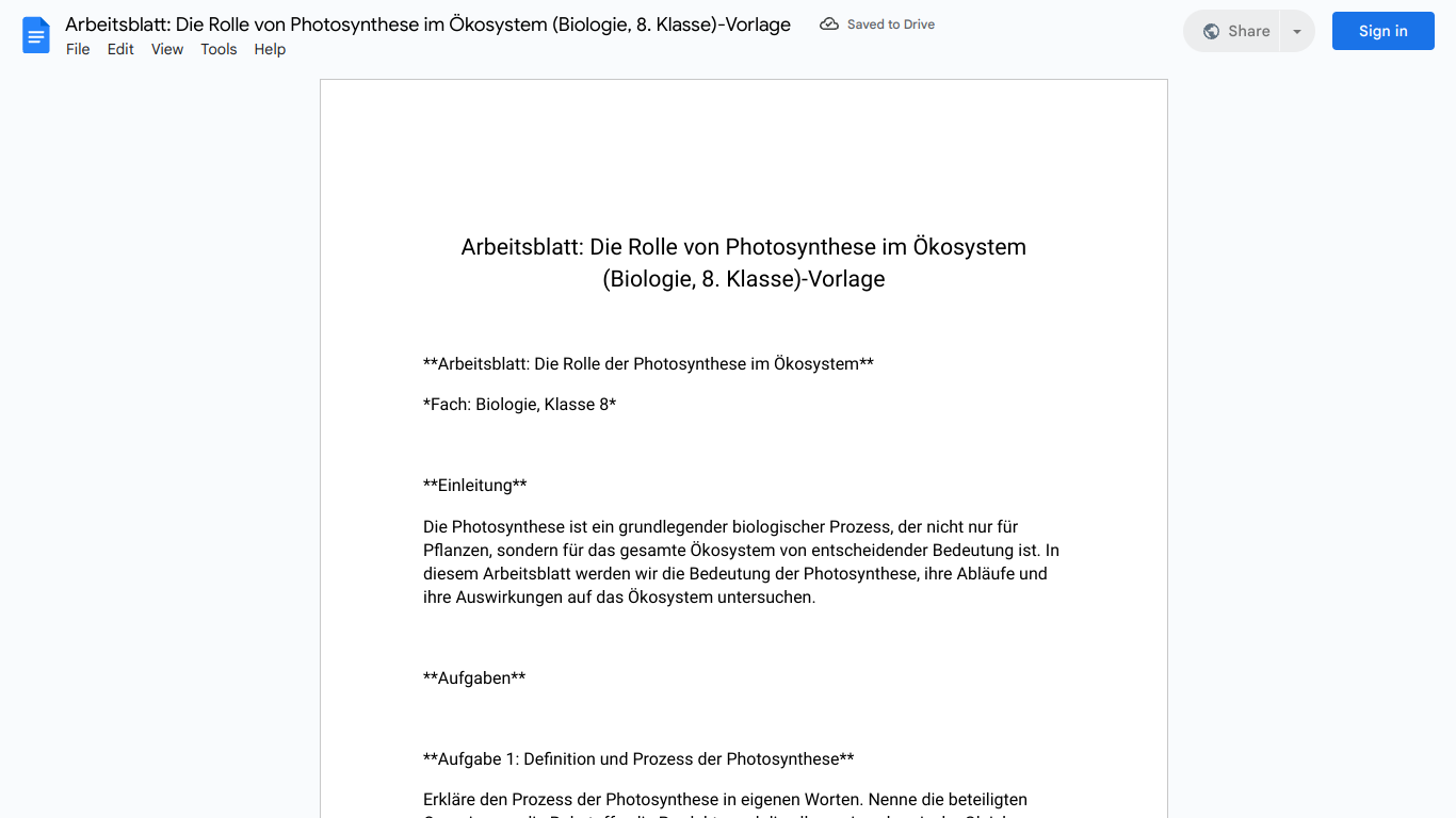 Arbeitsblatt: Die Rolle von Photosynthese im Ökosystem (Biologie, 8. Klasse)-Vorlage