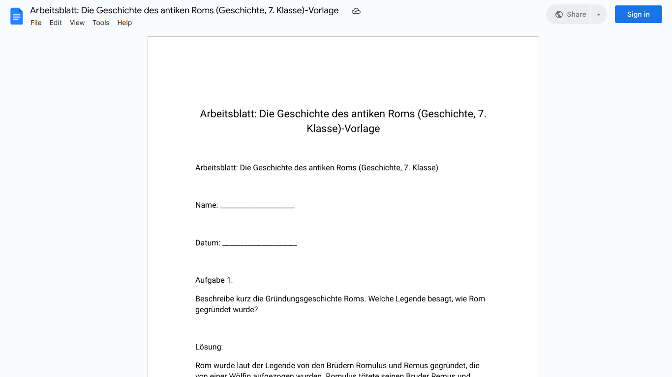 Arbeitsblatt: Die Geschichte des antiken Roms (Geschichte, 7. Klasse)-Vorlage