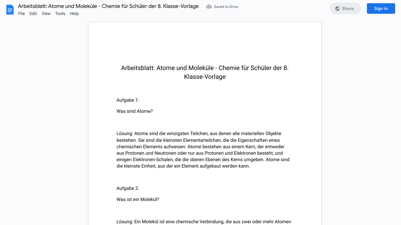 Arbeitsblatt: Atome und Moleküle - Chemie für Schüler der 8. Klasse-Vorlage