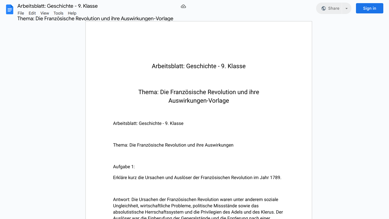 Arbeitsblatt: Geschichte - 9. Klasse

Thema: Die Französische Revolution und ihre Auswirkungen-Vorlage