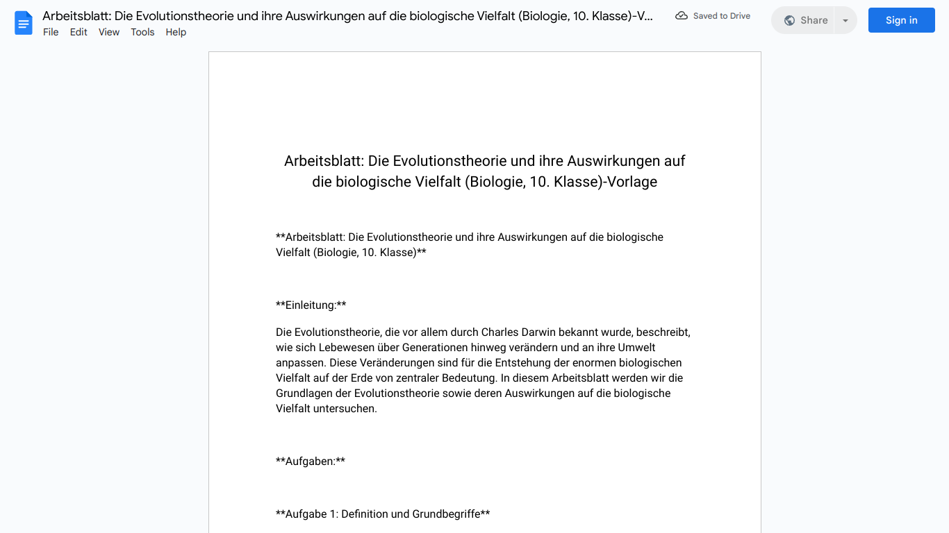 Arbeitsblatt: Die Evolutionstheorie und ihre Auswirkungen auf die biologische Vielfalt (Biologie, 10. Klasse)-Vorlage