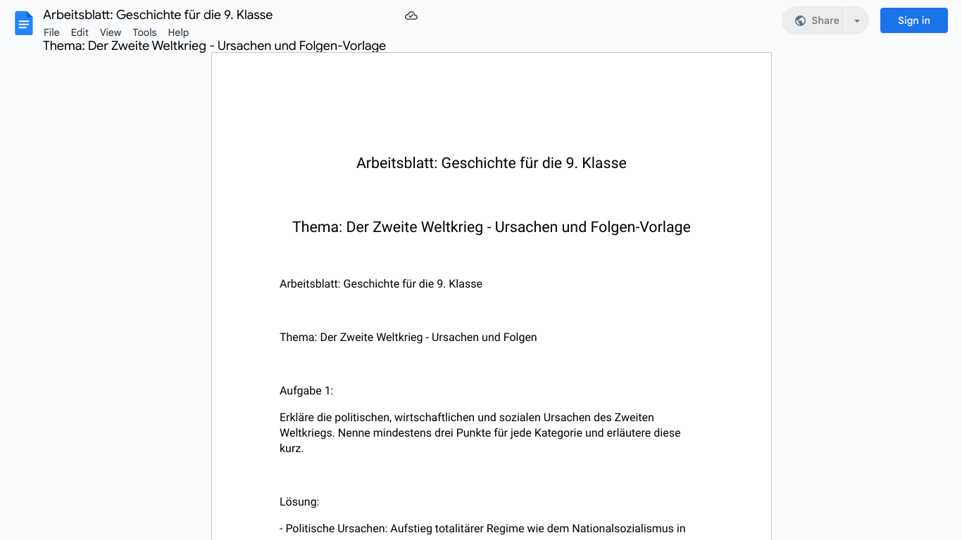 Arbeitsblatt: Geschichte für die 9. Klasse

Thema: Der Zweite Weltkrieg - Ursachen und Folgen-Vorlage