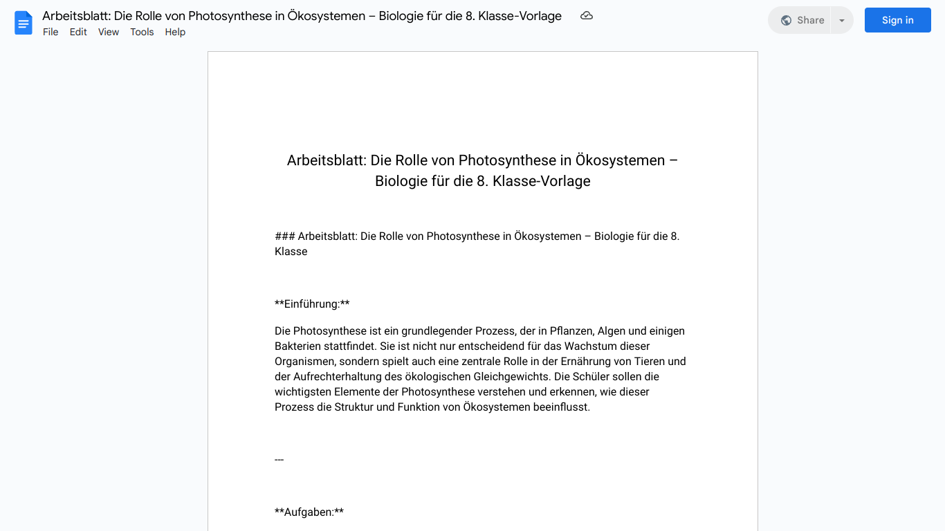 Arbeitsblatt: Die Rolle von Photosynthese in Ökosystemen – Biologie für die 8. Klasse-Vorlage