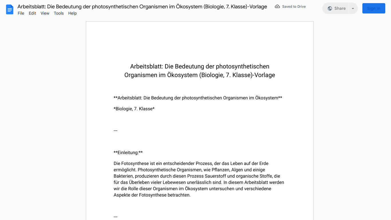 Arbeitsblatt: Die Bedeutung der photosynthetischen Organismen im Ökosystem (Biologie, 7. Klasse)-Vorlage