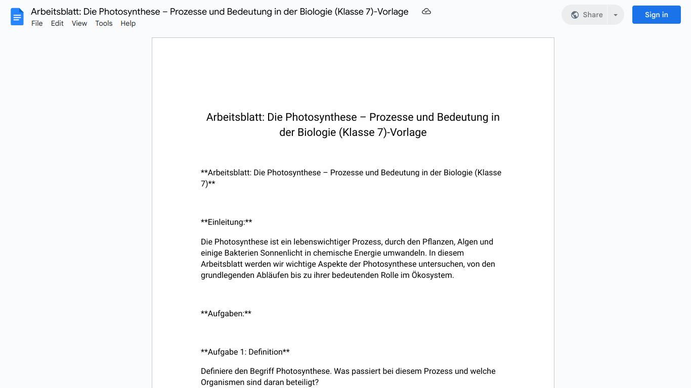 Arbeitsblatt: Die Photosynthese – Prozesse und Bedeutung in der Biologie (Klasse 7)-Vorlage