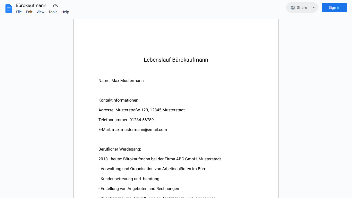 Lebenslauf-Bürokaufmann