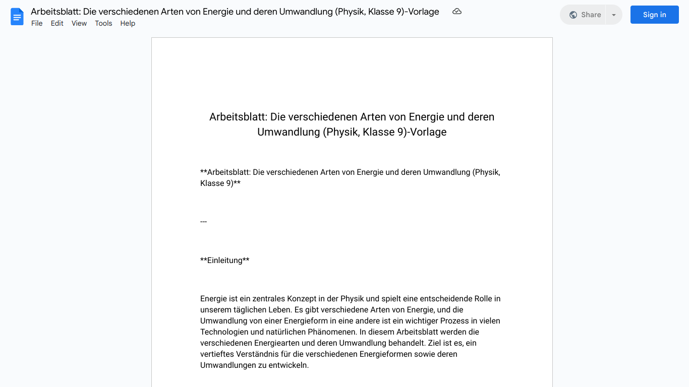 Arbeitsblatt: Die verschiedenen Arten von Energie und deren Umwandlung (Physik, Klasse 9)-Vorlage