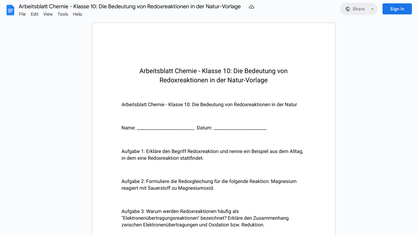 Arbeitsblatt Chemie - Klasse 10: Die Bedeutung von Redoxreaktionen in der Natur-Vorlage