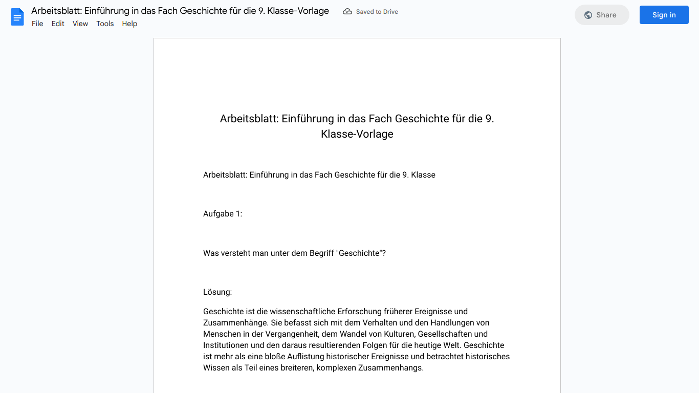 Arbeitsblatt: Einführung in das Fach Geschichte für die 9. Klasse-Vorlage