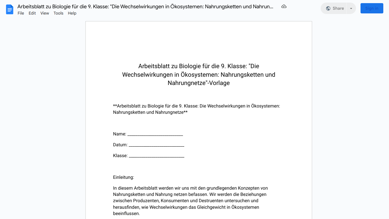 Arbeitsblatt zu Biologie für die 9. Klasse: "Die Wechselwirkungen in Ökosystemen: Nahrungsketten und Nahrungnetze"-Vorlage