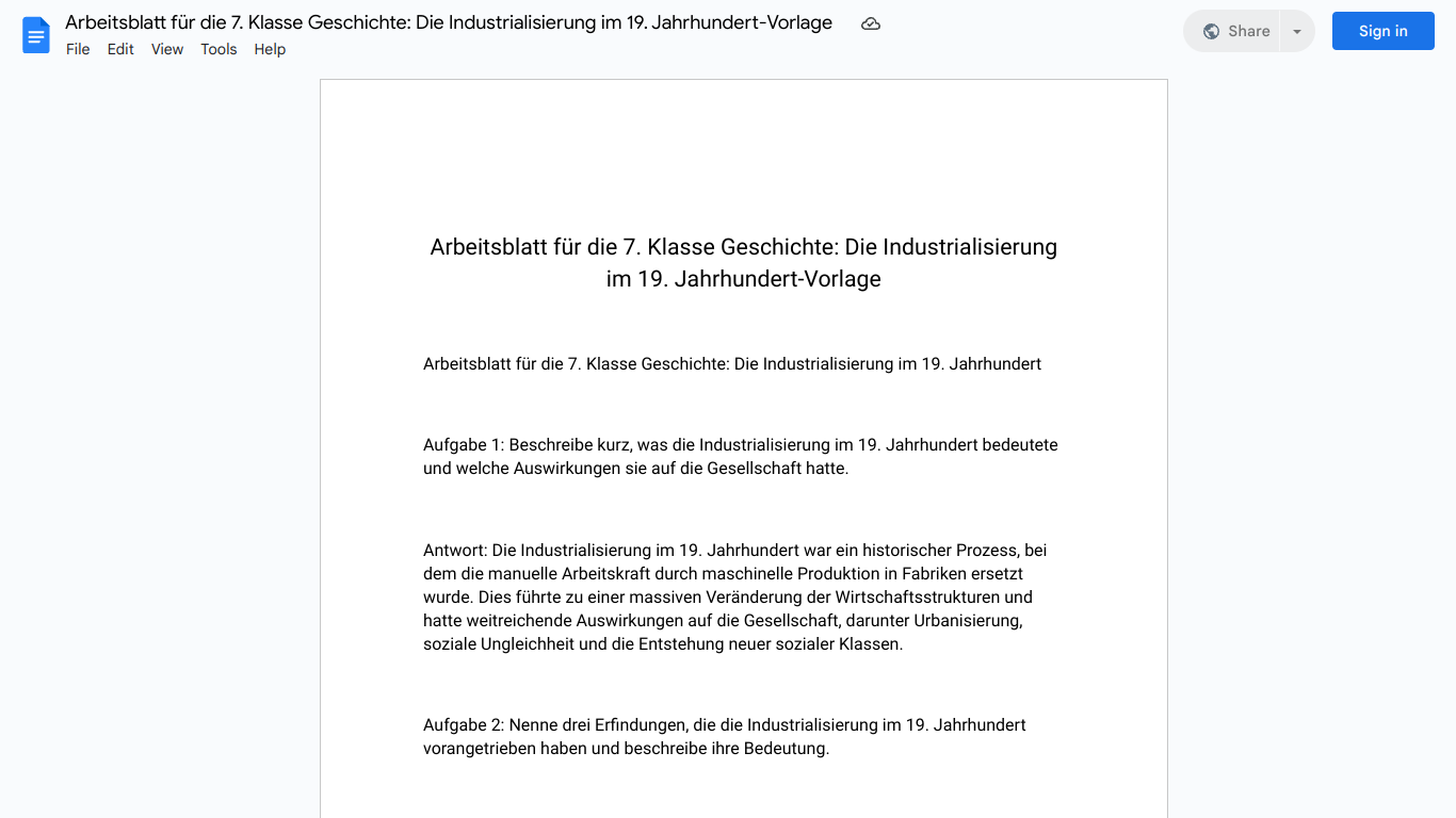 Arbeitsblatt für die 7. Klasse Geschichte: Die Industrialisierung im 19. Jahrhundert-Vorlage