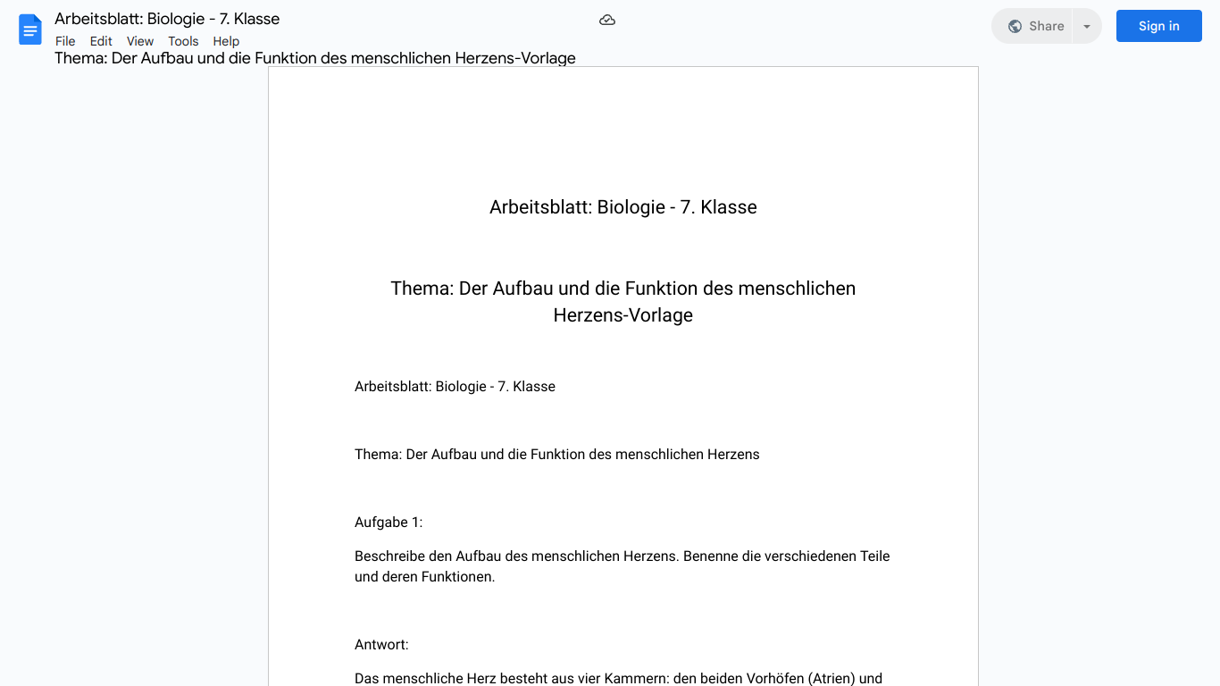 Arbeitsblatt: Biologie - 7. Klasse

Thema: Der Aufbau und die Funktion des menschlichen Herzens-Vorlage