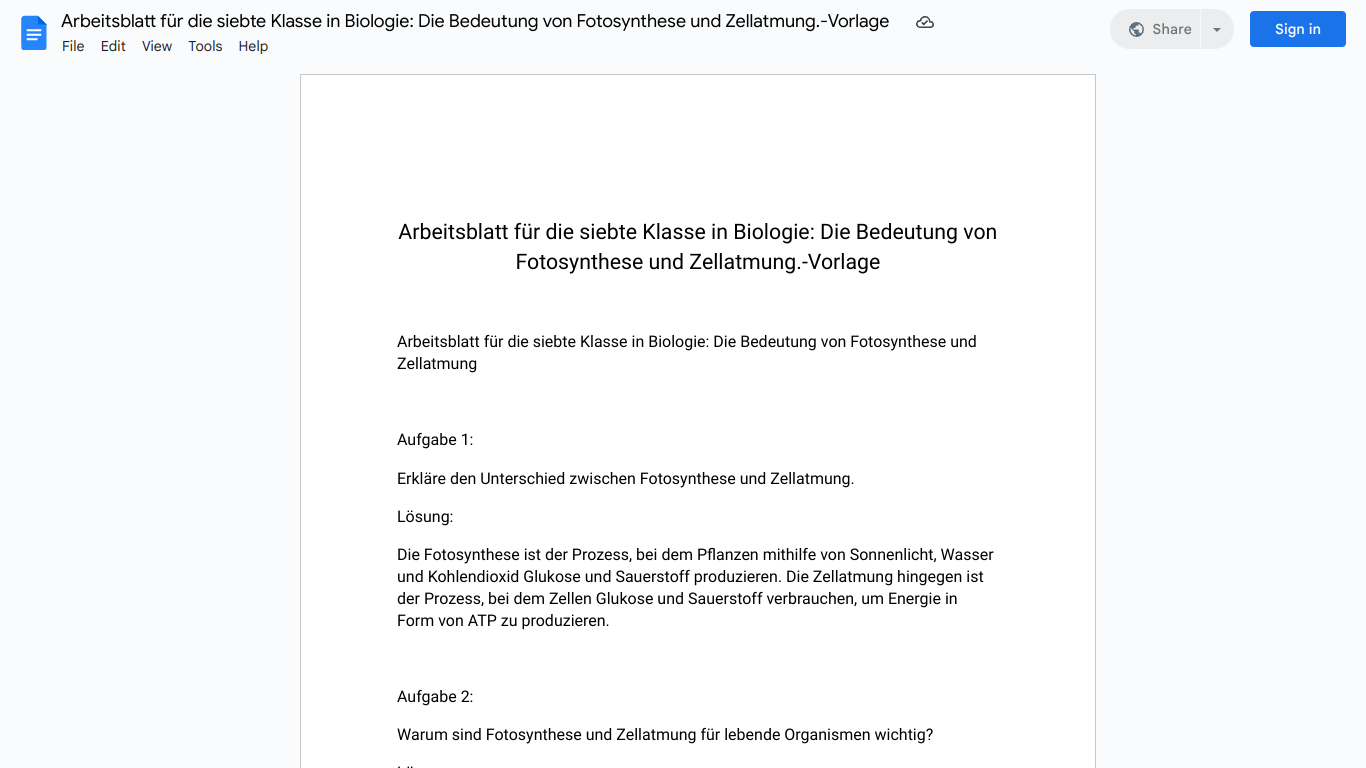 Arbeitsblatt für die siebte Klasse in Biologie: Die Bedeutung von Fotosynthese und Zellatmung.-Vorlage